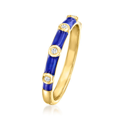 Diamond-Accented Blue Enamel Ring in 18kt Gold Over Sterling