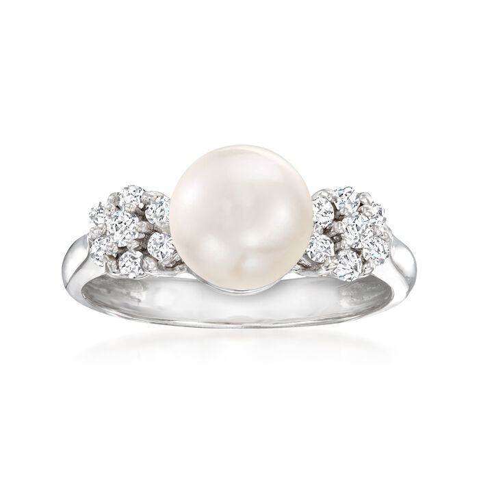 7.5mm Cultured Pearl and .30 ct. t.w. Diamond Flower Ring in 14kt White Gold