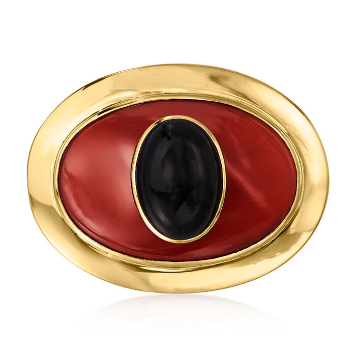 C. 1940 Vintage Onyx and Red Carnelian Pin in 14kt Yellow Gold