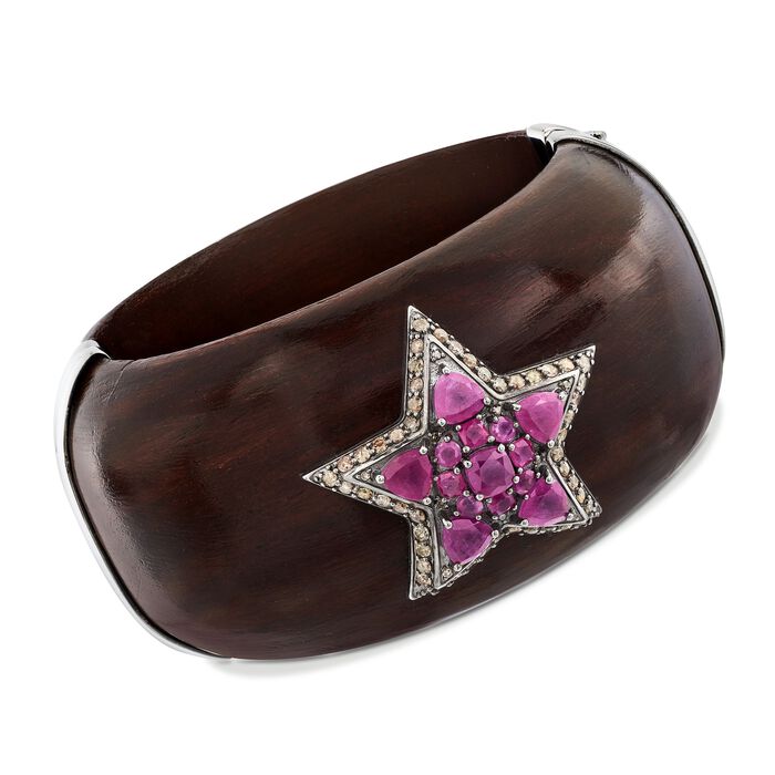 7.00 ct. t.w. Pink Sapphire and Ebony Wood Star Bangle Bracelet with Champagne Diamonds in Sterling