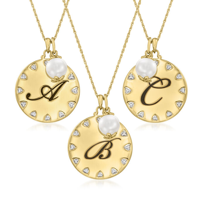 18kt Gold Over Sterling Initial Pendant Necklace with 8mm Cultured Pearl and Diamond Accents