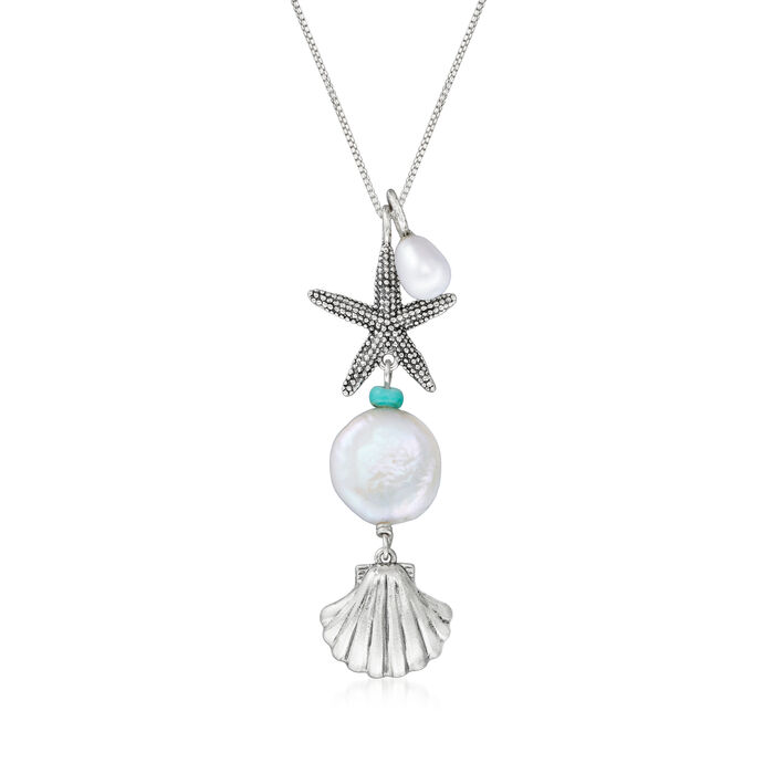 6-6.5mm and 14mm Cultured Coin Pearl and Simulated Turquoise Sea Life Y-Necklace in Sterling Silver