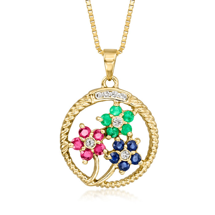 C. 1980 Vintage .40 ct. t.w. Multi-Gemstone Flower Pendant Necklace with .10 ct. t.w. Diamonds in 14kt Yellow Gold