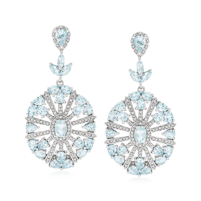 6.50 ct. t.w. Aquamarine and .56 ct. t.w. Diamond Drop Earrings in Sterling Silver