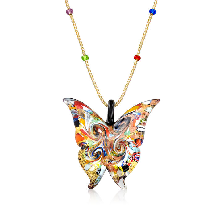 Italian Multicolored Murano Glass Butterfly Pendant Necklace with 18kt Gold Over Sterling