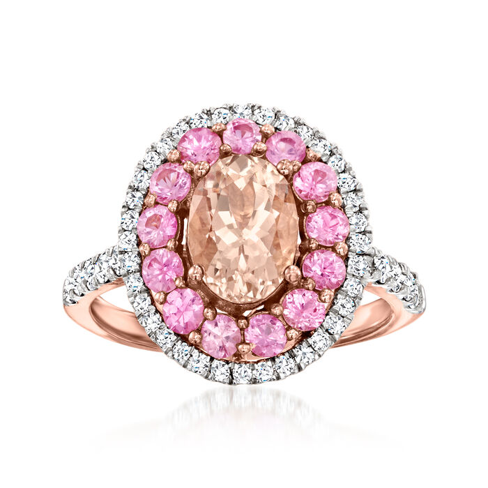 1.10 Carat Morganite and 1.00 ct. t.w. Pink Sapphire Ring with .48 ct. t.w. Diamonds in 14kt Rose Gold