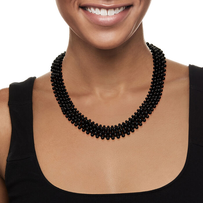 3-5mm Onyx Bead Collar Necklace in Sterling Silver 18-inch