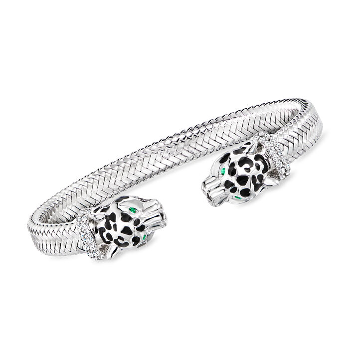 Charles Garnier .60 ct. t.w. CZ Panther Head Cuff Bracelet with Black Enamel and Simulated Emerald Accents in Sterling Silver