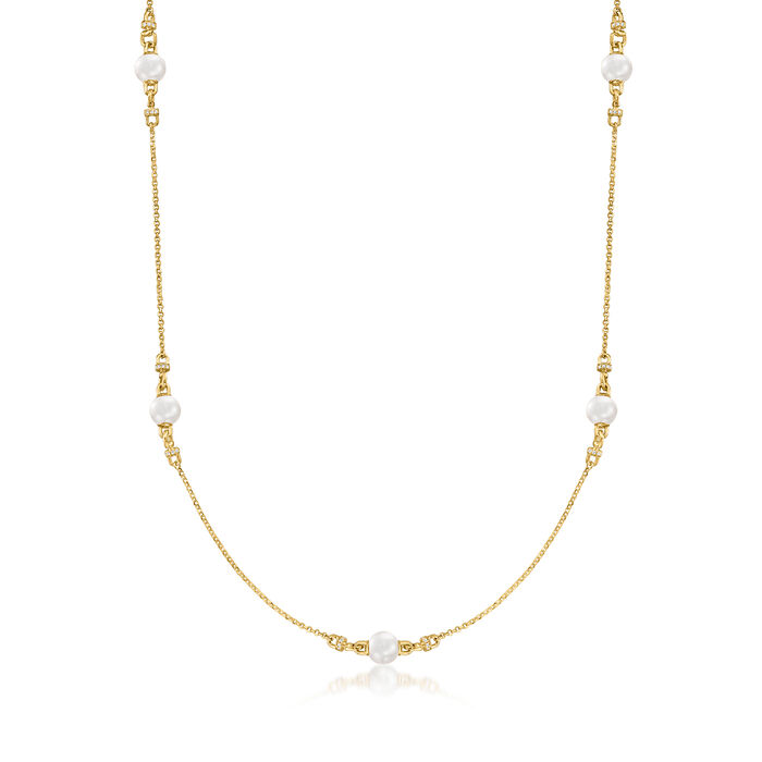 Charles Garnier &quot;Venus&quot; 8-8.5mm Cultured Pearl and .40 ct. t.w. CZ Station Necklace in 18kt Gold Over Sterling