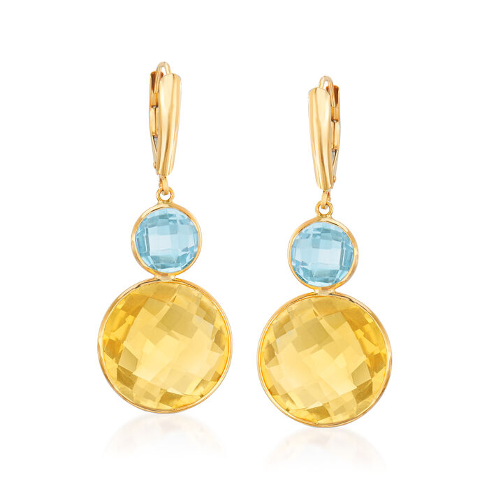 20.00 ct. t.w. Citrine and 4.00 ct. t.w. Sky Blue Topaz Drop Earrings in 14kt Yellow Gold