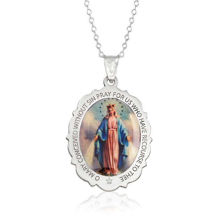 Multicolored Enamel Miraculous Medal Necklace in Sterling Silver