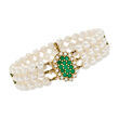 C. 1980 Vintage Cultured Pearl and 1.50 ct. t.w. Green Chalcedony Three-Strand Bracelet in 14kt Yellow Gold