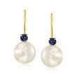 7-7.5mm Cultured Pearl Drop Earrings with .10 ct. t.w. Sapphires in 14kt Yellow Gold