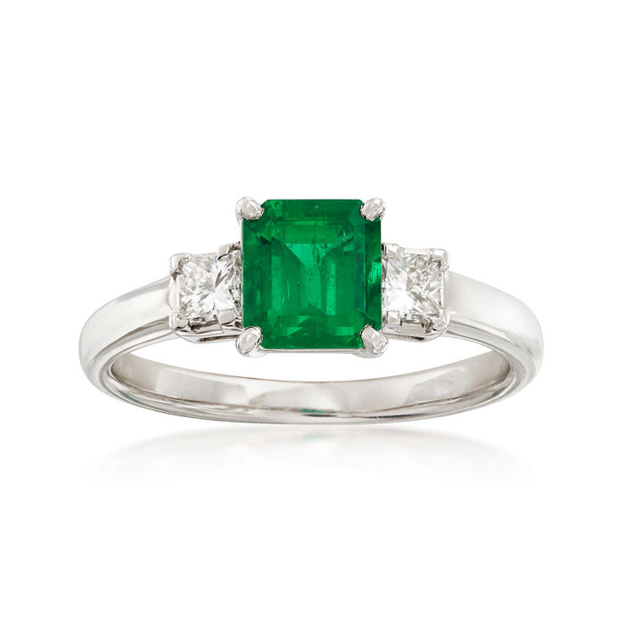 C. 1980 Vintage 1.00 Carat Emerald and .31 ct. t.w. Diamond Ring in Platinum