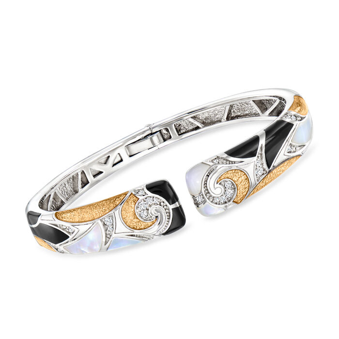 Belle Etoile &quot;Moon River&quot; Mother-of-Pearl, Onyx and .30 ct. t.w. CZ Cuff Bracelet in Two-Tone Sterling Silver