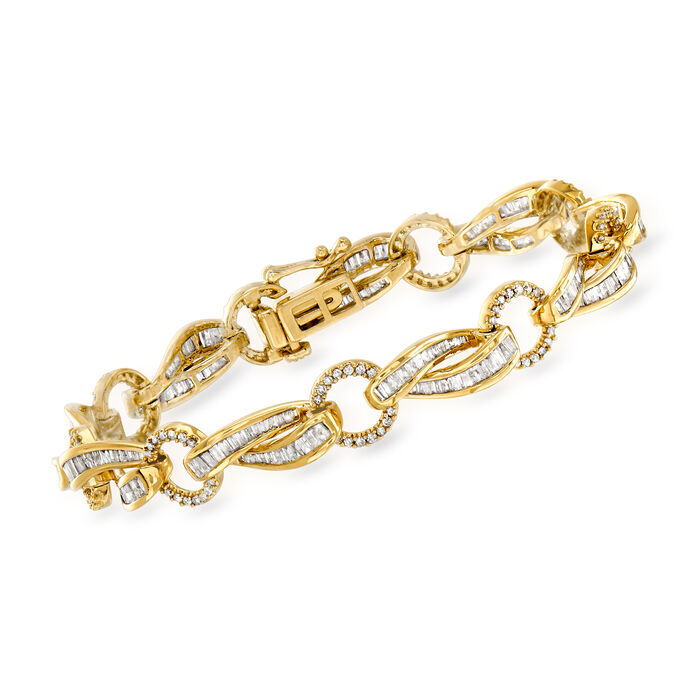 3.00 ct. t.w. Baguette and Round Diamond Twisted-Link Bracelet in 18kt Gold Over Sterling