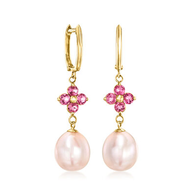 9-10mm Pink Cultured Pearl and .80 ct. t.w. Pink Tourmaline Floral Drop Earrings in 14kt Yellow Gold