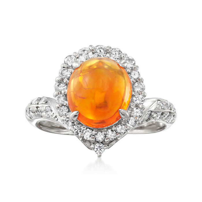 C. 1990 Vintage Fire Opal and .34 ct. t.w. Diamond Ring in Platinum