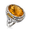 C. 1950 Vintage Cultured Pearl and 10.00 Carat Orange Citrine Ring in 14kt White Gold