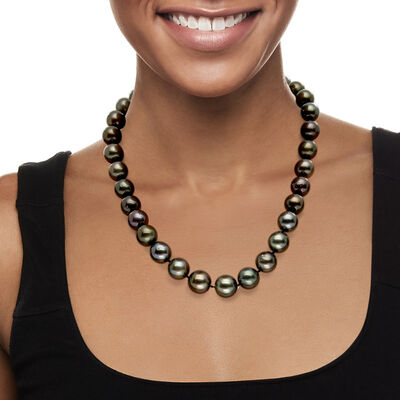 13-15mm Black Cultured Tahitian Pearl Strand Necklace with 14kt White Gold