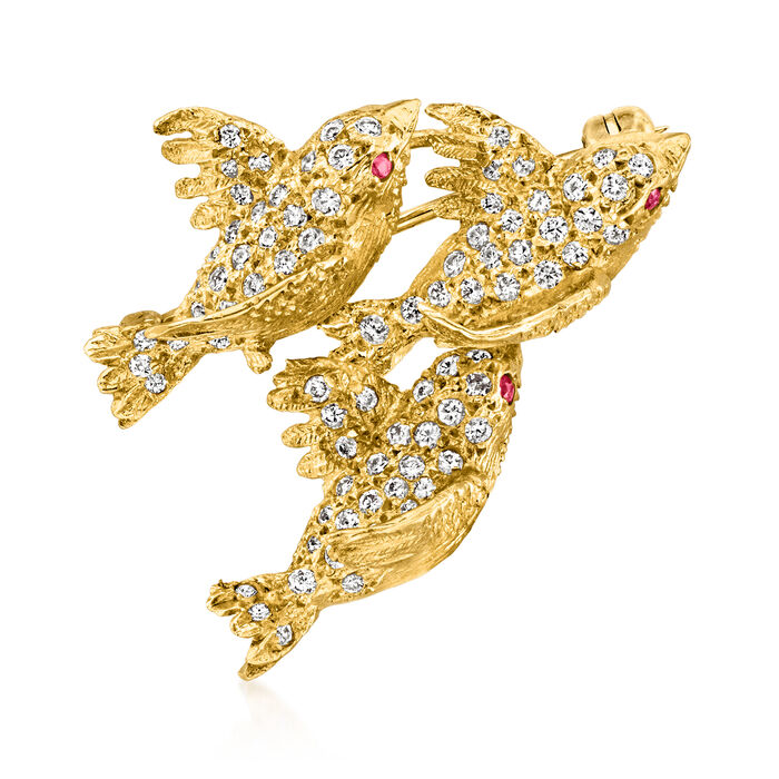 C. 1980 Vintage 1.00 ct. t.w. Diamond Three Birds Pin with Ruby Accents in 18kt Yellow Gold