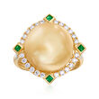 14-15mm Golden Cultured South Sea Pearl and .61 ct. t.w. Diamond Ring with .10 ct. t.w. Emeralds in 18kt Yellow Gold