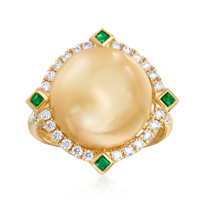 14-15mm Golden Cultured South Sea Pearl and .61 ct. t.w. Diamond Ring with .10 ct. t.w. Emeralds in 18kt Yellow Gold