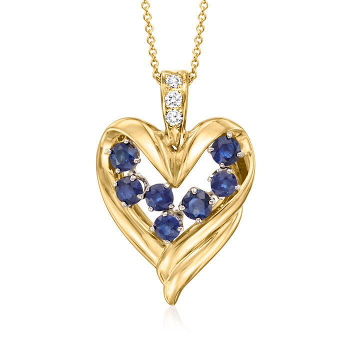 C. 1980 Vintage 2.55 ct. t.w. Sapphire and .20 ct. t.w. Diamond Heart Pendant Necklace in 14kt Yellow Gold