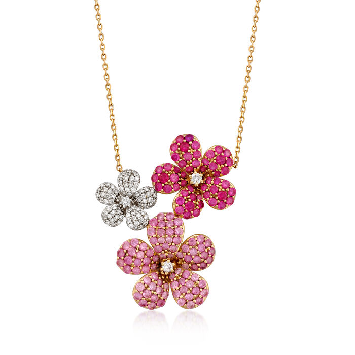 C. 1990 Vintage 2.80 ct. t.w. Pink Sapphire and 1.75 ct. t.w. Ruby Flowers Necklace with .90 ct. t.w. Diamonds in 14kt Two-Tone Gold