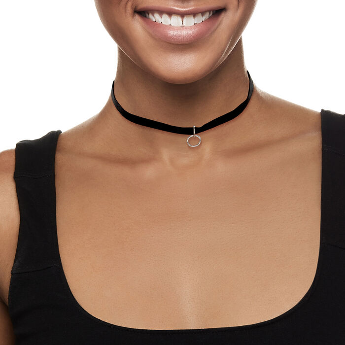 .12 ct. t.w. Diamond Circle Pendant Choker Necklace with Black Velvet Cord and Sterling Silver 13-inch