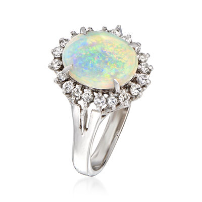 C. 1990 Vintage Opal and .28 ct. t.w. Diamond Ring in Platinum