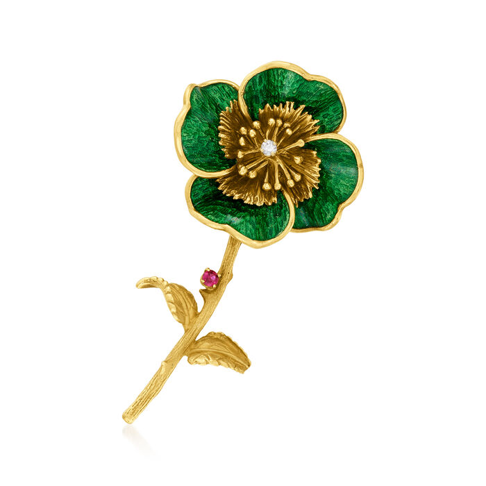 C. 1960 Vintage .10 Carat Ruby Flower Pin with Diamond Accent and Green Enamel in 18kt Yellow Gold