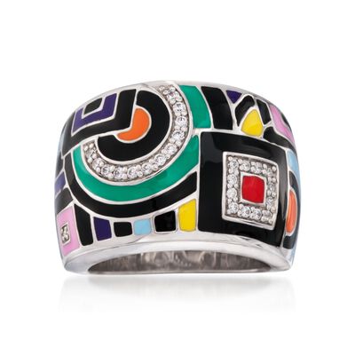 Belle Etoile 'Geometric' Multicolored Enamel and .15 ct. t.w. CZ Ring in Sterling Silver. #828663