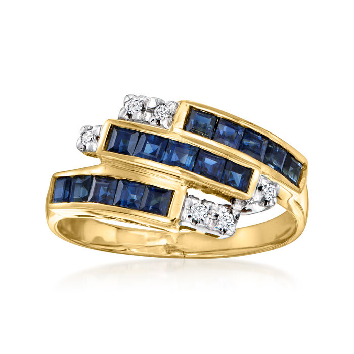 C. 1990 Vintage .90 ct. t.w. Sapphire Bypass Ring with Diamond Accents in 14kt Yellow Gold