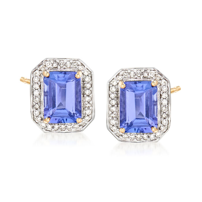 2.70 ct. t.w. Tanzanite and .20 ct. t.w. Diamond Halo Earrings in 14kt Yellow Gold