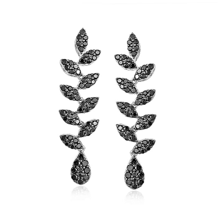 1.00 ct. t.w. Black Diamond Leaf Drop Earrings in 14kt White Gold