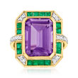7.00 Carat Amethyst, .80 ct. t.w. Emerald and .19 ct. t.w. Diamond Ring in 14kt Yellow Gold