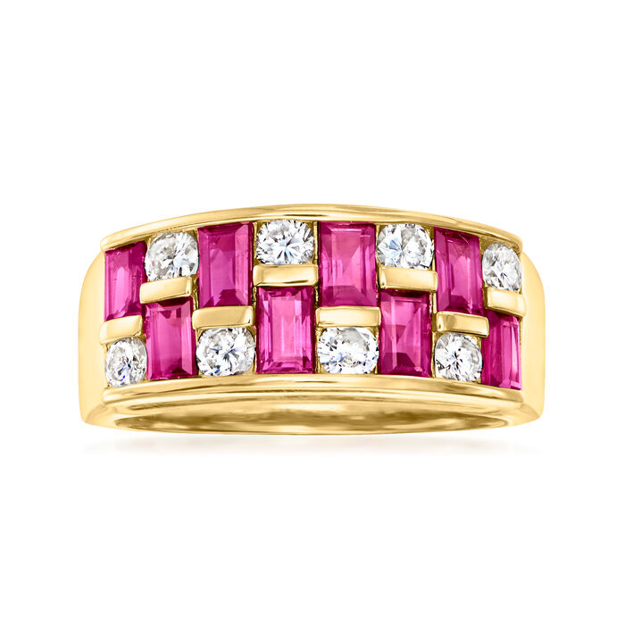 C. 1990 Vintage 1.45 ct. t.w. Ruby and .57 ct. t.w. Diamond Checkerboard Ring in 18kt Yellow Gold