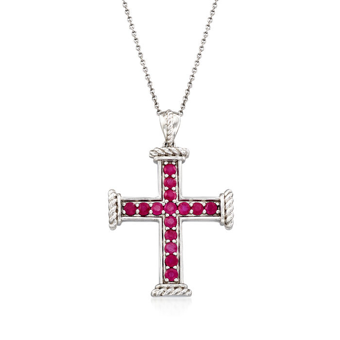 1.30 ct. t.w. Ruby Cross Pendant Necklace in Sterling Silver