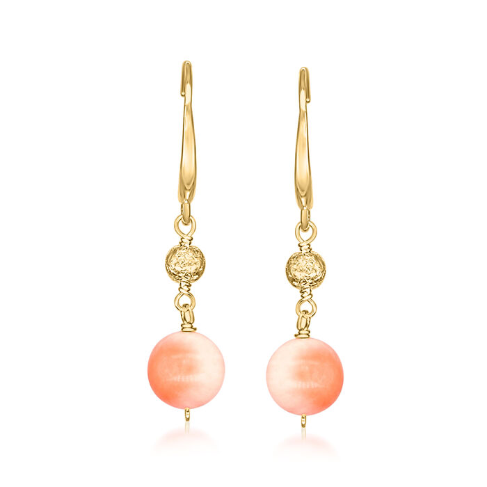 7.5-8mm Pink Coral Bead Double-Drop Earrings in 14kt Yellow Gold