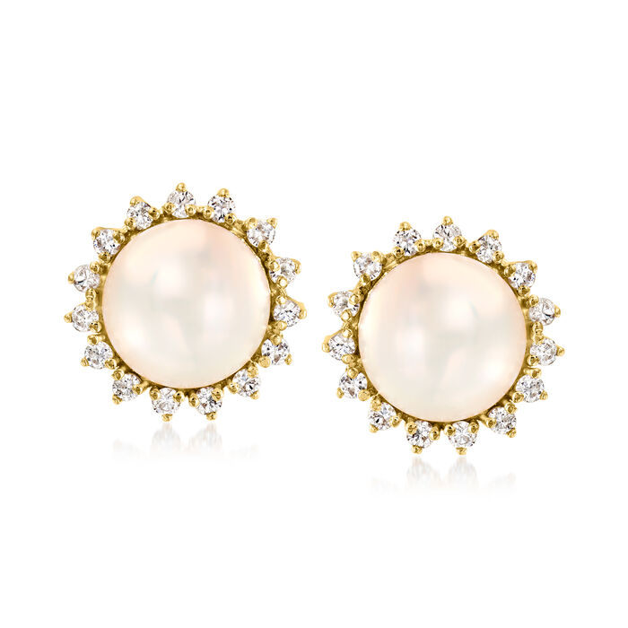 C. 1980 Vintage 12.5mm Cultured Mabe Pearl and 1.20 ct. t.w. Diamond Earrings in 14kt Yellow Gold