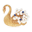 C. 1970 Vintage 4mm Cultured Pearl, .30 ct. t.w. Sapphire and Ruby-Accented Swan Pin in 18kt Yellow Gold
