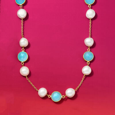 7-10mm Cultured Semi-Baroque Pearl and Blue Chalcedony Station Necklace in 18kt Gold Over Sterling