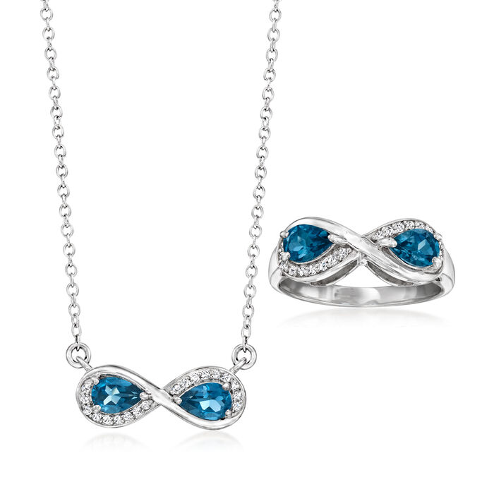 2.10 ct. t.w. London Blue Topaz and .10 ct. t.w. White Zircon Jewelry Set: Necklace and Ring in Sterling Silver