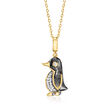 .10 ct. t.w. Diamond and Black Enamel Penguin Pendant Necklace in 18kt Gold Over Sterling