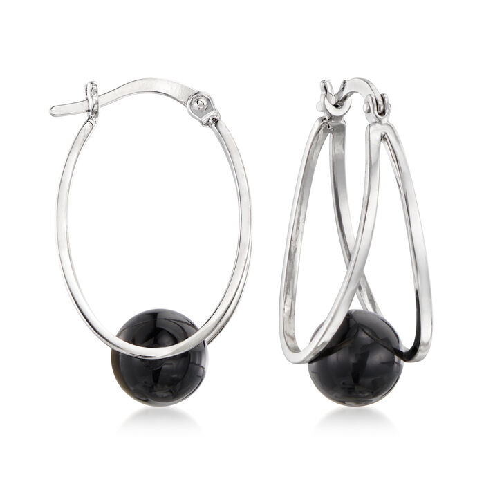 8-9mm Black Agate Bead Double-Hoop Earrings in Sterling Silver
