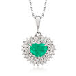 C. 1980 Vintage 1.36 Carat Emerald and .55 ct. t.w. Diamond Heart Pendant Necklace in Platinum and 14kt White Gold