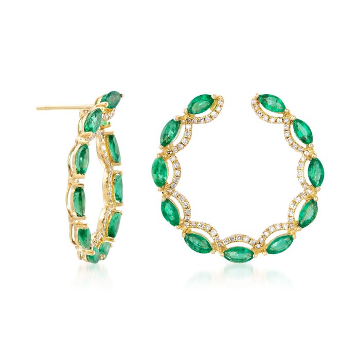2.90 ct. t.w. Emerald and .43 ct. t.w. Diamond Hoop Earrings in 18kt Yellow Gold