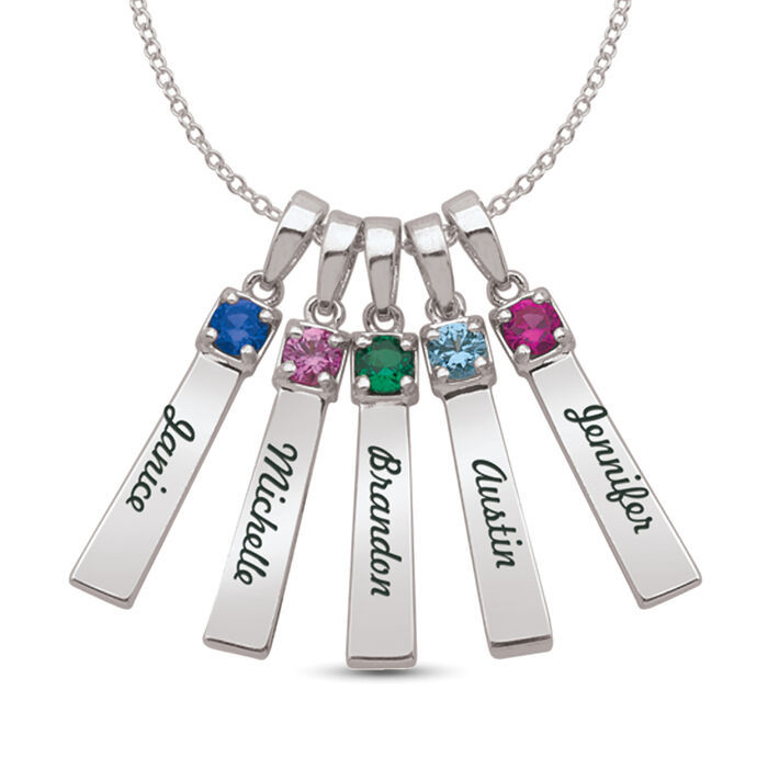 Personalized Vertical Bar Pendant Necklace in Sterling Silver - 1 to 5 Birthstones and Names