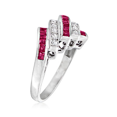 C. 1985 Vintage .74 ct. t.w. Ruby and .17 ct. t.w. Diamond Striped Ring in Platinum